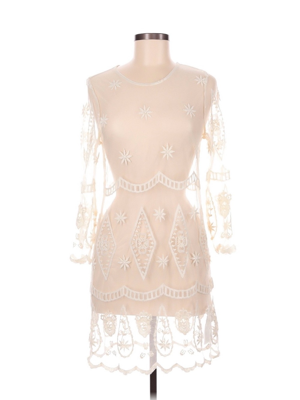 Abercrombie & Fitch Ivory Sheer Embroidered Long-Sleeve Mini Dress